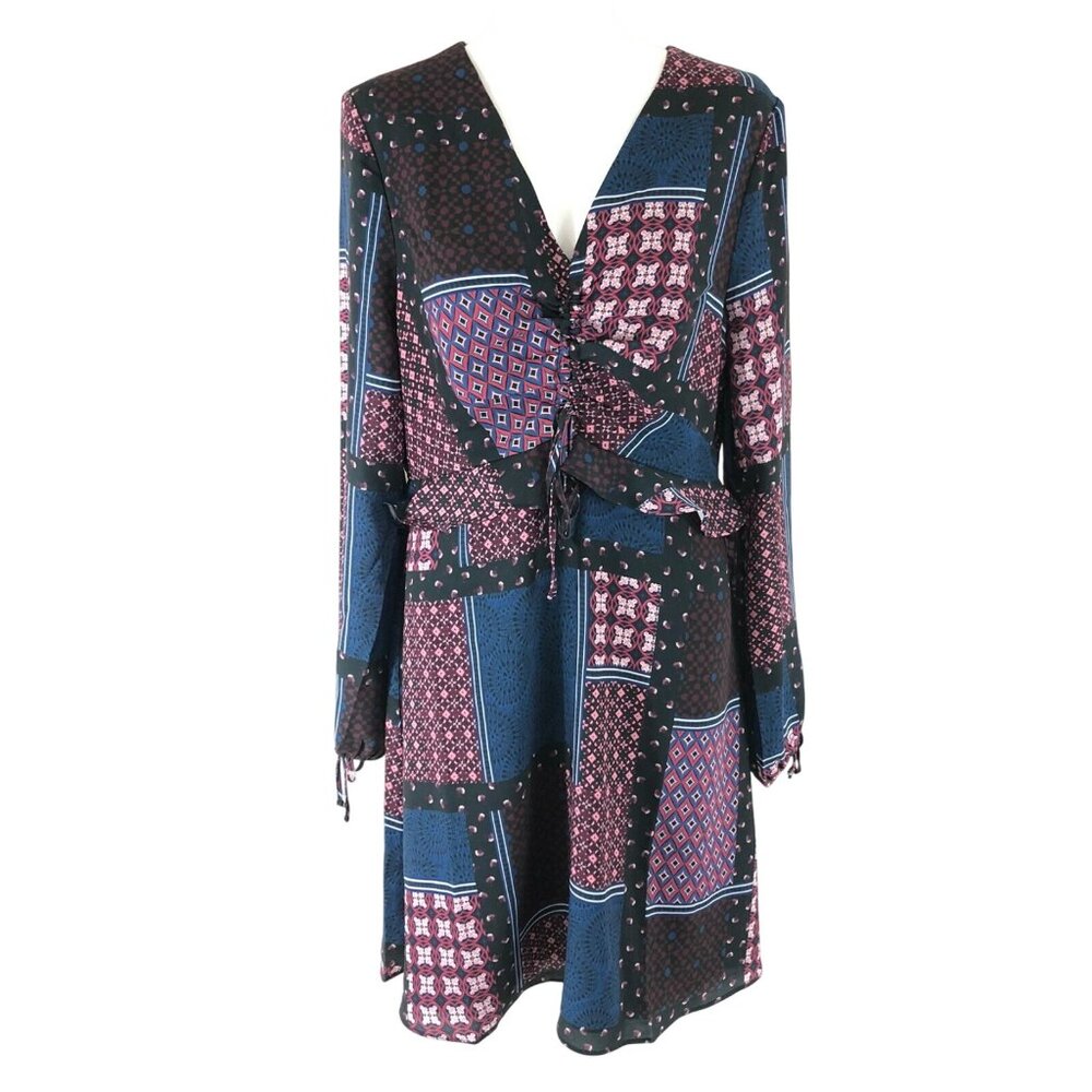 Ella Moon Dress A Line Ruffle Patchwork Geometric Purple Blue V Neck Size M
